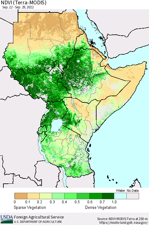 Eastern Africa NDVI (Terra-MODIS) Thematic Map For 9/21/2022 - 9/30/2022