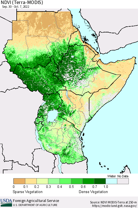 Eastern Africa NDVI (Terra-MODIS) Thematic Map For 10/1/2022 - 10/10/2022