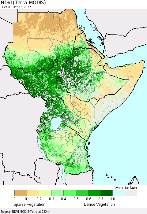 Eastern Africa NDVI (Terra-MODIS) Thematic Map For 10/8/2022 - 10/15/2022