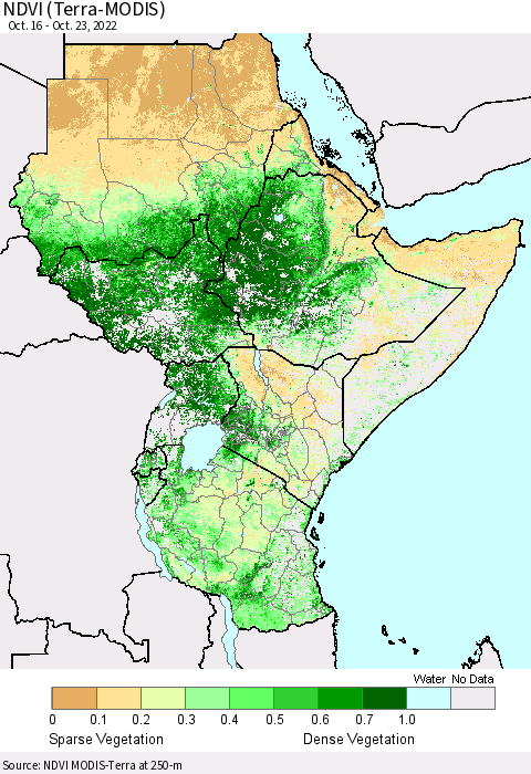 Eastern Africa NDVI (Terra-MODIS) Thematic Map For 10/16/2022 - 10/23/2022