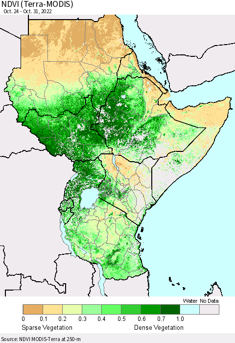 Eastern Africa NDVI (Terra-MODIS) Thematic Map For 10/21/2022 - 10/31/2022