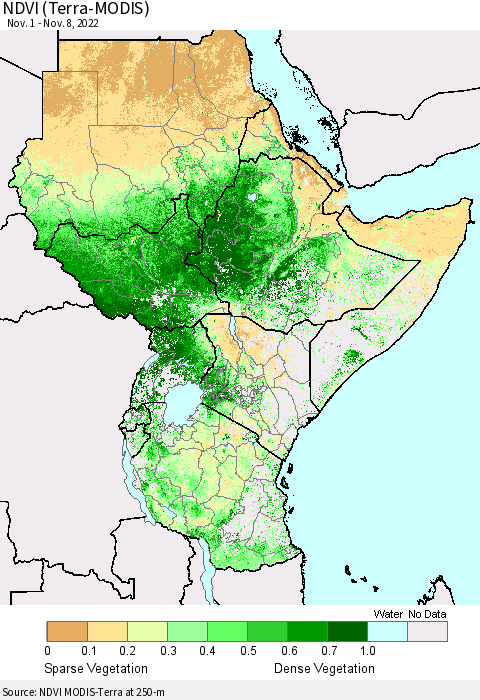 Eastern Africa NDVI (Terra-MODIS) Thematic Map For 11/1/2022 - 11/8/2022