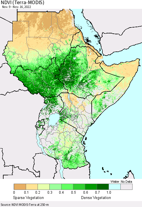 Eastern Africa NDVI (Terra-MODIS) Thematic Map For 11/9/2022 - 11/16/2022