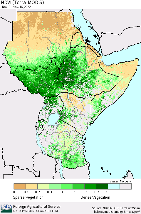 Eastern Africa NDVI (Terra-MODIS) Thematic Map For 11/11/2022 - 11/20/2022