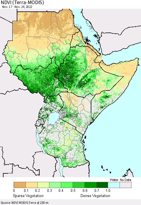 Eastern Africa NDVI (Terra-MODIS) Thematic Map For 11/17/2022 - 11/24/2022