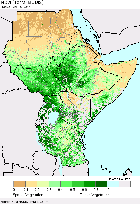 Eastern Africa NDVI (Terra-MODIS) Thematic Map For 12/3/2022 - 12/10/2022