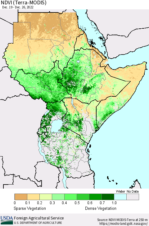 Eastern Africa NDVI (Terra-MODIS) Thematic Map For 12/21/2022 - 12/31/2022