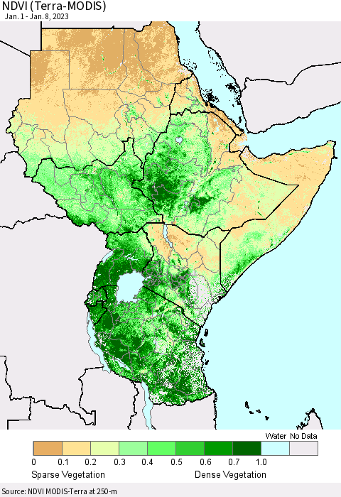 Eastern Africa NDVI (Terra-MODIS) Thematic Map For 1/1/2023 - 1/8/2023