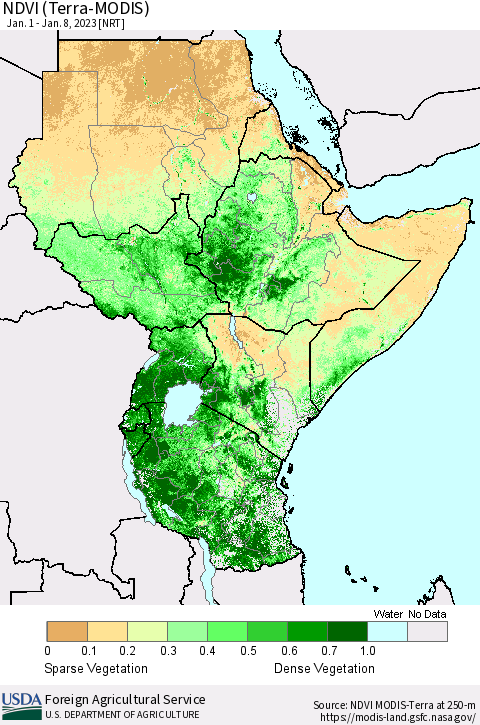 Eastern Africa NDVI (Terra-MODIS) Thematic Map For 1/1/2023 - 1/10/2023