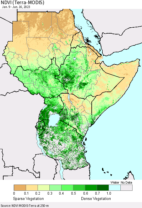 Eastern Africa NDVI (Terra-MODIS) Thematic Map For 1/9/2023 - 1/16/2023