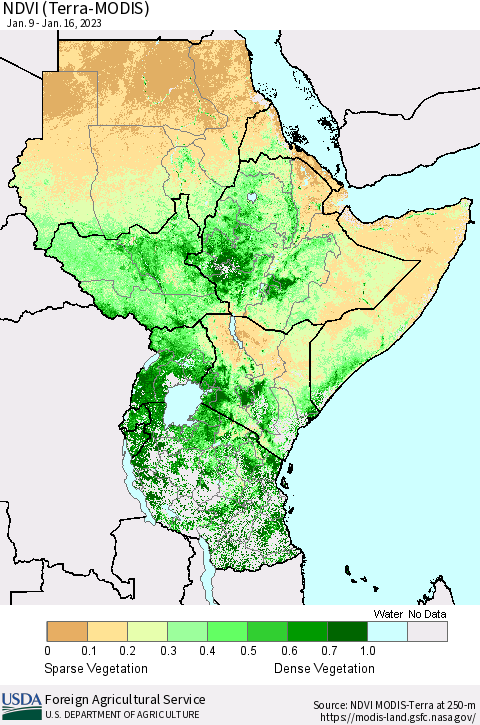 Eastern Africa NDVI (Terra-MODIS) Thematic Map For 1/11/2023 - 1/20/2023