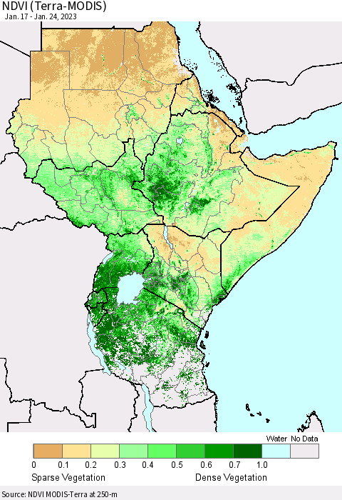 Eastern Africa NDVI (Terra-MODIS) Thematic Map For 1/17/2023 - 1/24/2023