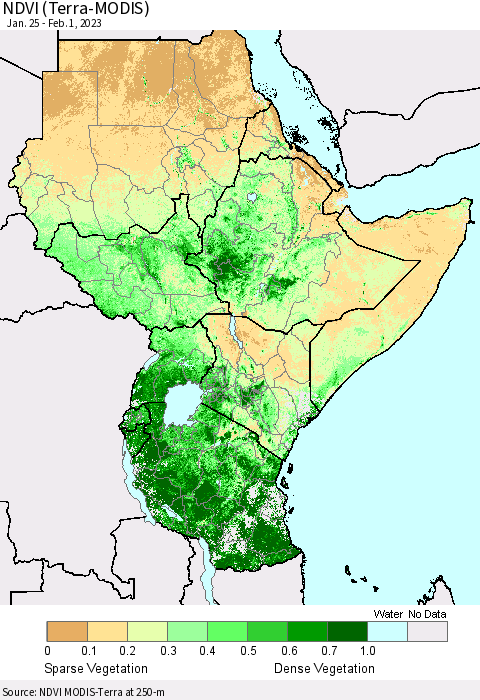Eastern Africa NDVI (Terra-MODIS) Thematic Map For 1/25/2023 - 2/1/2023