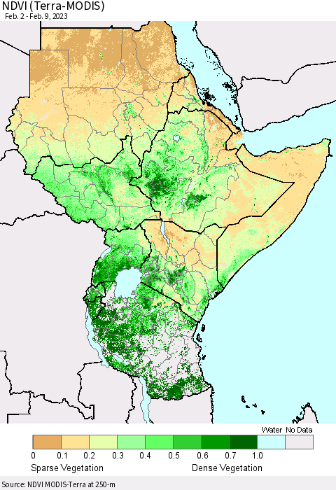 Eastern Africa NDVI (Terra-MODIS) Thematic Map For 2/2/2023 - 2/9/2023