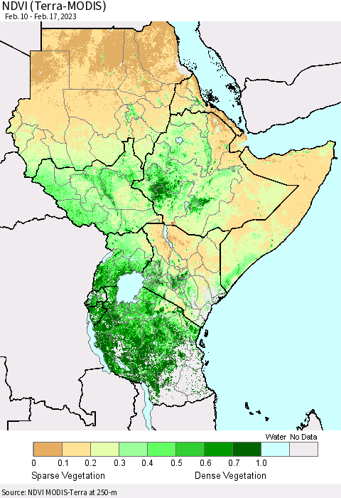 Eastern Africa NDVI (Terra-MODIS) Thematic Map For 2/10/2023 - 2/17/2023