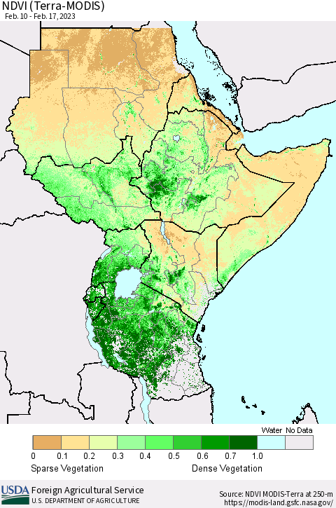 Eastern Africa NDVI (Terra-MODIS) Thematic Map For 2/11/2023 - 2/20/2023