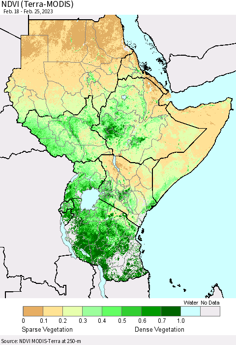 Eastern Africa NDVI (Terra-MODIS) Thematic Map For 2/18/2023 - 2/25/2023