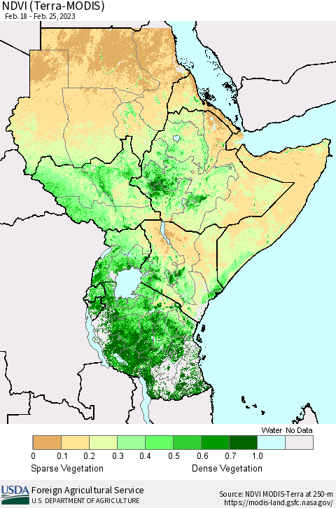 Eastern Africa NDVI (Terra-MODIS) Thematic Map For 2/21/2023 - 2/28/2023