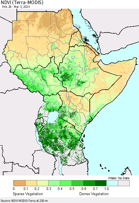 Eastern Africa NDVI (Terra-MODIS) Thematic Map For 2/26/2023 - 3/5/2023