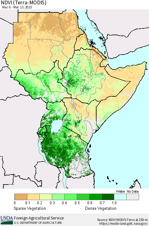 Eastern Africa NDVI (Terra-MODIS) Thematic Map For 3/11/2023 - 3/20/2023