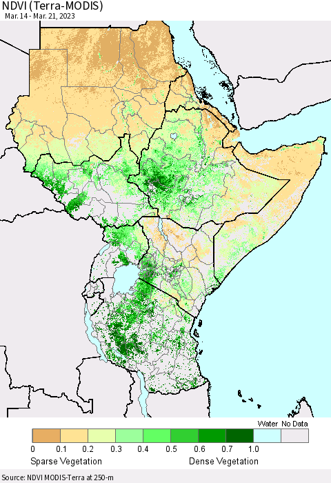 Eastern Africa NDVI (Terra-MODIS) Thematic Map For 3/14/2023 - 3/21/2023