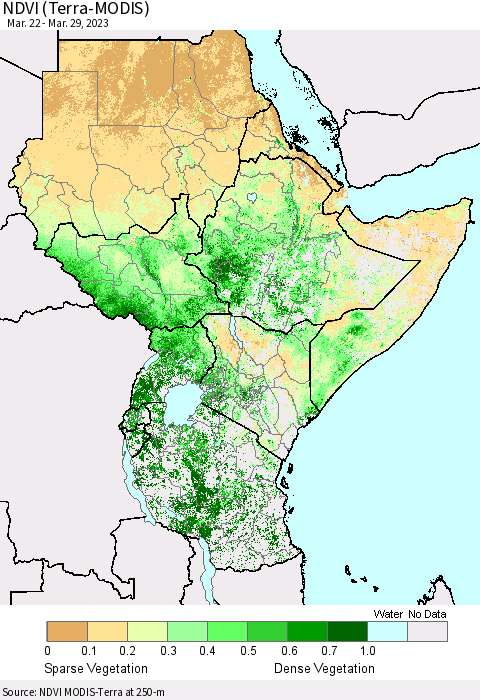 Eastern Africa NDVI (Terra-MODIS) Thematic Map For 3/22/2023 - 3/29/2023