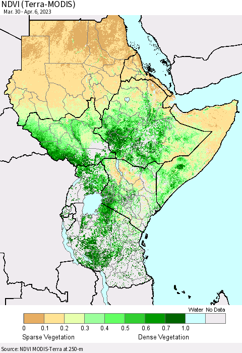 Eastern Africa NDVI (Terra-MODIS) Thematic Map For 3/30/2023 - 4/6/2023