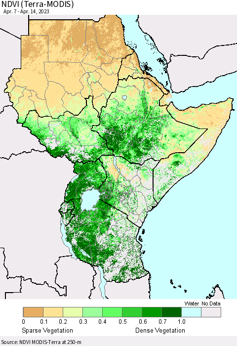 Eastern Africa NDVI (Terra-MODIS) Thematic Map For 4/7/2023 - 4/14/2023
