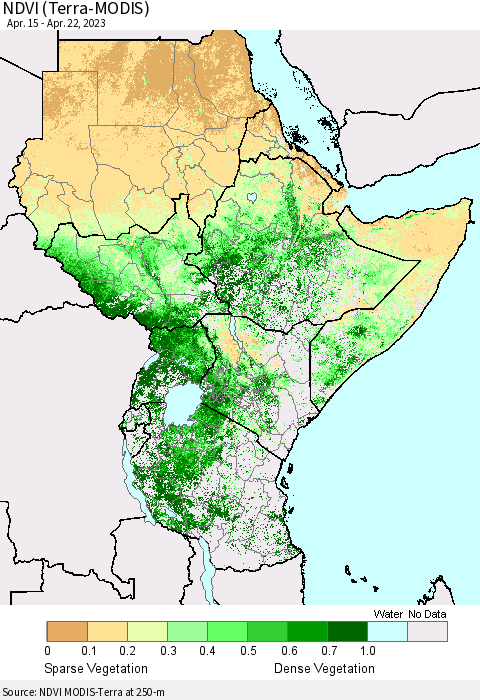 Eastern Africa NDVI (Terra-MODIS) Thematic Map For 4/15/2023 - 4/22/2023