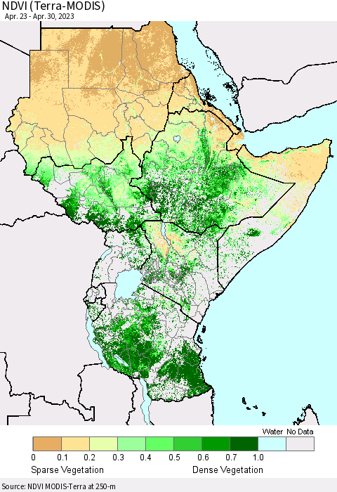 Eastern Africa NDVI (Terra-MODIS) Thematic Map For 4/23/2023 - 4/30/2023