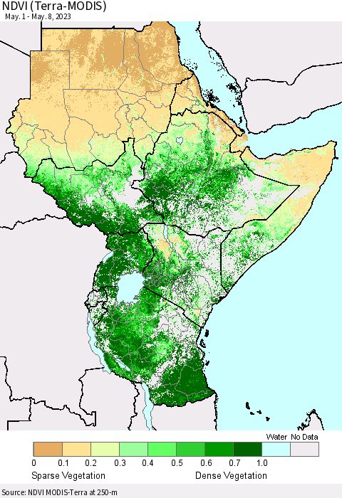 Eastern Africa NDVI (Terra-MODIS) Thematic Map For 5/1/2023 - 5/8/2023