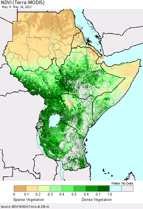 Eastern Africa NDVI (Terra-MODIS) Thematic Map For 5/9/2023 - 5/16/2023