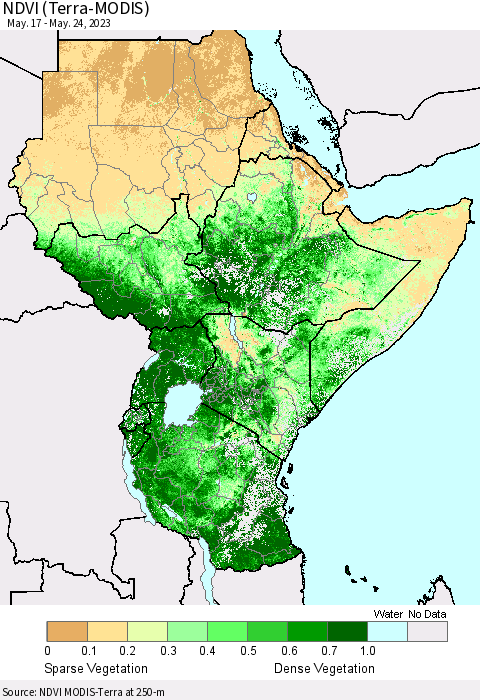 Eastern Africa NDVI (Terra-MODIS) Thematic Map For 5/17/2023 - 5/24/2023
