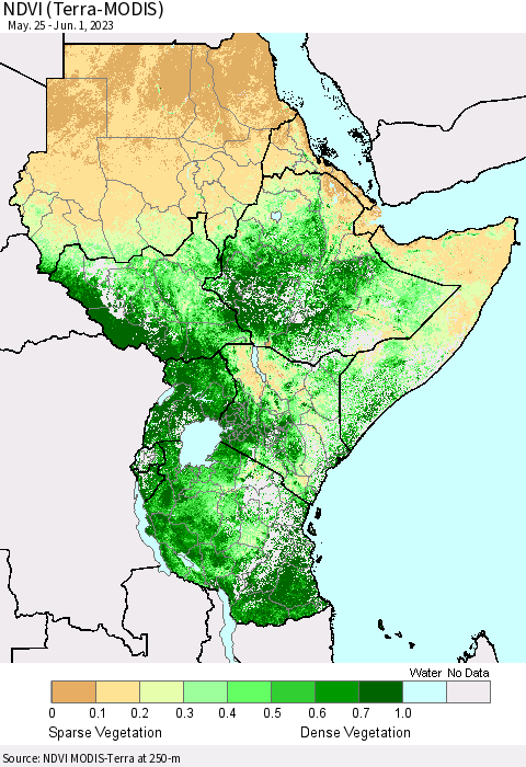 Eastern Africa NDVI (Terra-MODIS) Thematic Map For 5/25/2023 - 6/1/2023