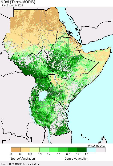 Eastern Africa NDVI (Terra-MODIS) Thematic Map For 6/2/2023 - 6/9/2023