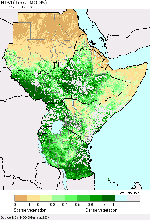 Eastern Africa NDVI (Terra-MODIS) Thematic Map For 6/10/2023 - 6/17/2023