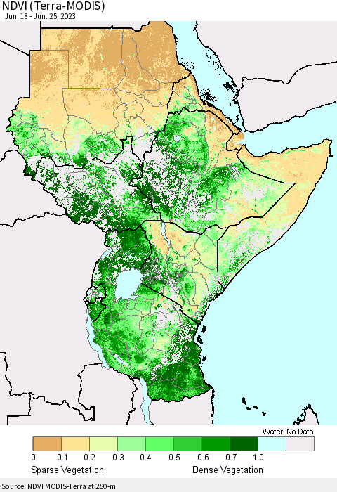 Eastern Africa NDVI (Terra-MODIS) Thematic Map For 6/18/2023 - 6/25/2023