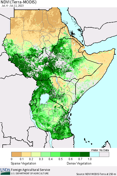 Eastern Africa NDVI (Terra-MODIS) Thematic Map For 7/4/2023 - 7/11/2023