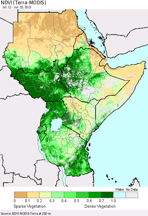 Eastern Africa NDVI (Terra-MODIS) Thematic Map For 7/12/2023 - 7/19/2023