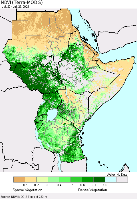 Eastern Africa NDVI (Terra-MODIS) Thematic Map For 7/20/2023 - 7/27/2023