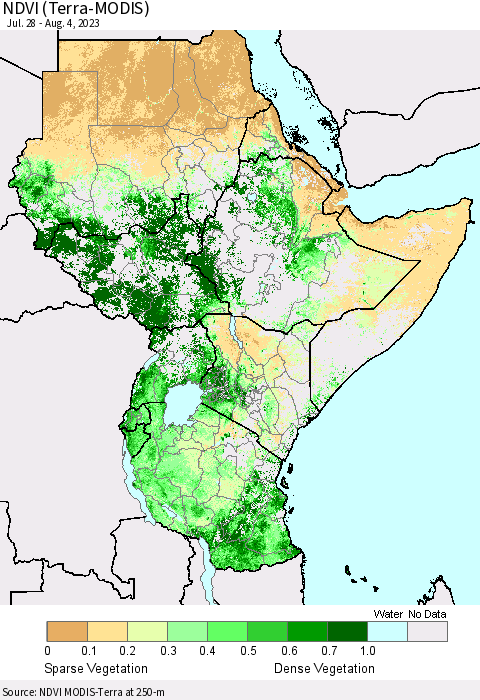 Eastern Africa NDVI (Terra-MODIS) Thematic Map For 7/28/2023 - 8/4/2023