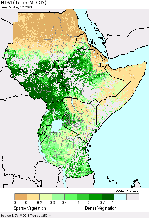 Eastern Africa NDVI (Terra-MODIS) Thematic Map For 8/5/2023 - 8/12/2023