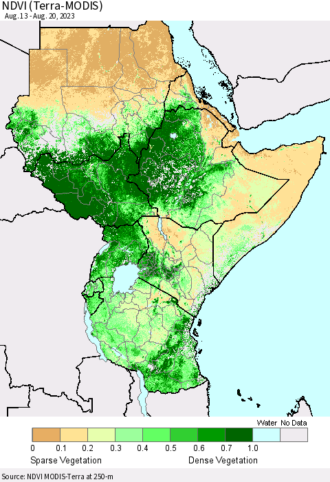 Eastern Africa NDVI (Terra-MODIS) Thematic Map For 8/13/2023 - 8/20/2023