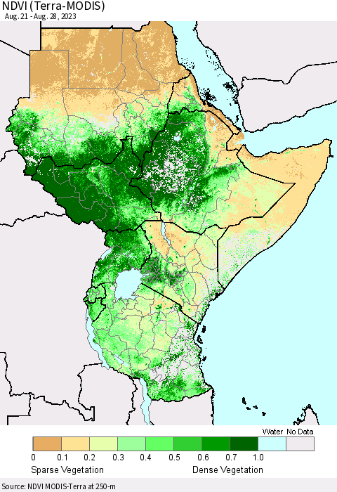 Eastern Africa NDVI (Terra-MODIS) Thematic Map For 8/21/2023 - 8/28/2023