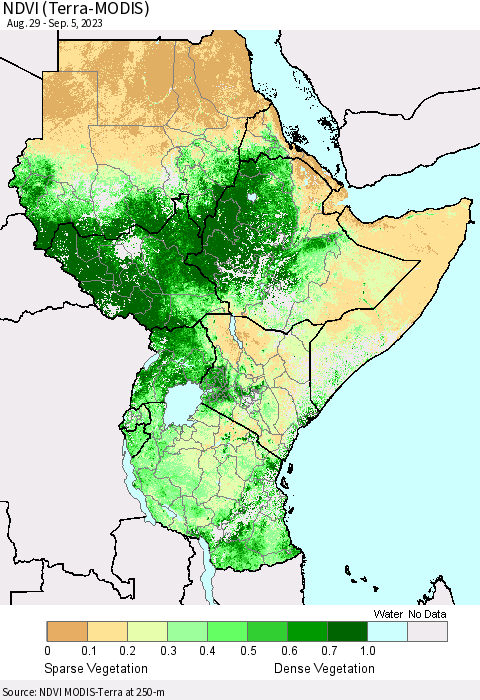 Eastern Africa NDVI (Terra-MODIS) Thematic Map For 8/29/2023 - 9/5/2023