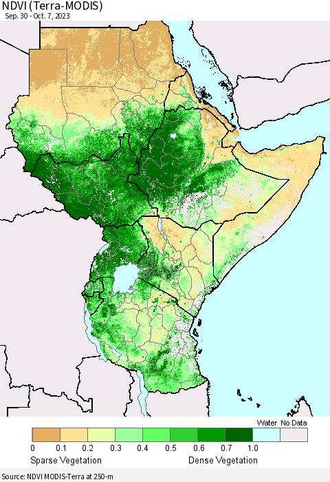 Eastern Africa NDVI (Terra-MODIS) Thematic Map For 9/30/2023 - 10/7/2023
