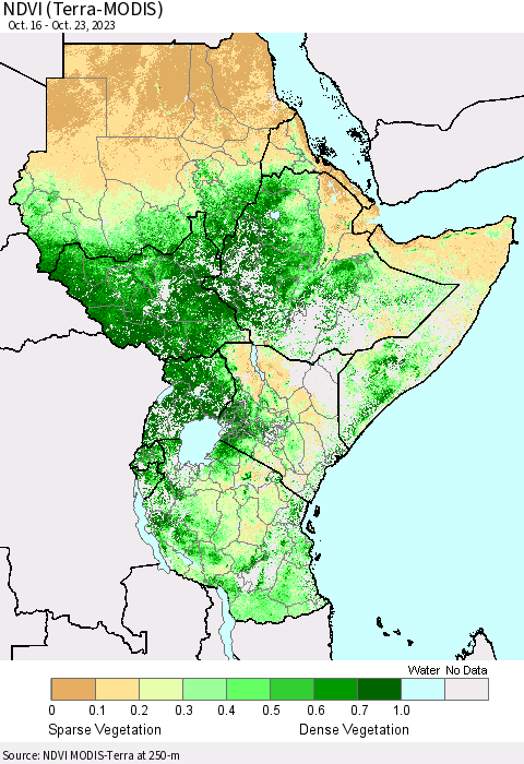 Eastern Africa NDVI (Terra-MODIS) Thematic Map For 10/16/2023 - 10/23/2023