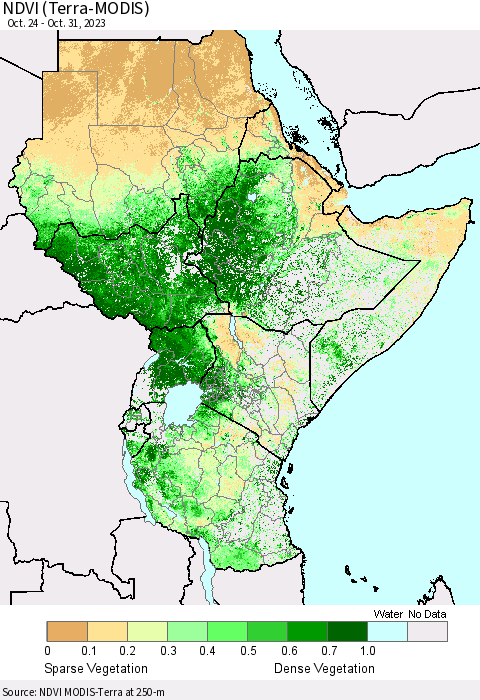 Eastern Africa NDVI (Terra-MODIS) Thematic Map For 10/24/2023 - 10/31/2023