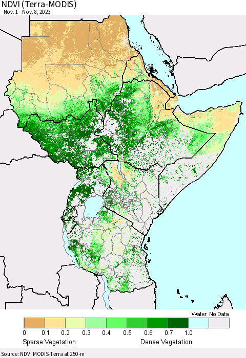 Eastern Africa NDVI (Terra-MODIS) Thematic Map For 11/1/2023 - 11/8/2023