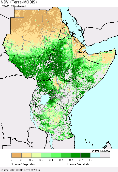 Eastern Africa NDVI (Terra-MODIS) Thematic Map For 11/9/2023 - 11/16/2023